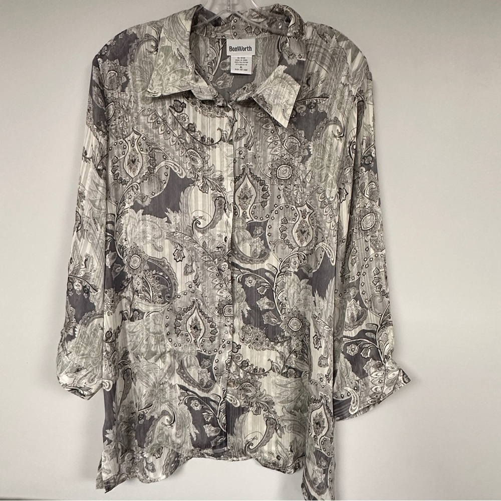 Vintage Women's BonWorth Blouse, Gray / Cream Semi Sheer Paisley, XL